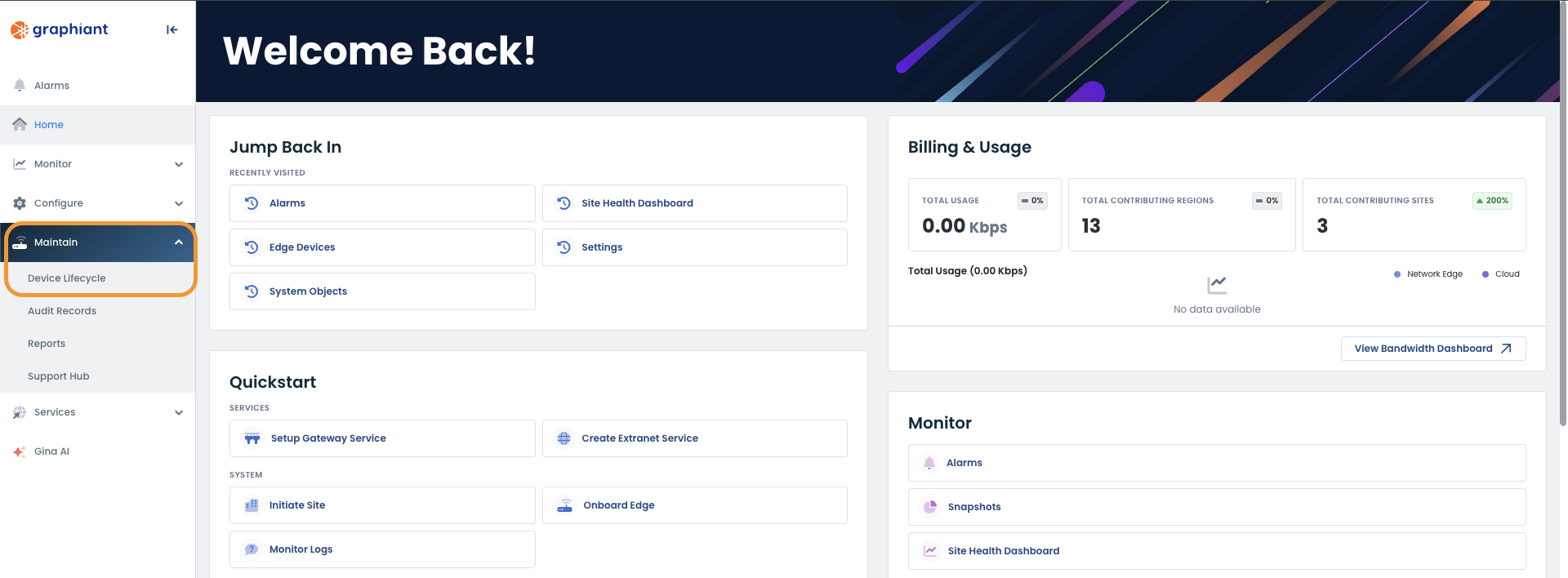 Dashboard overview showing device lifecycle and usage statistics for network management.